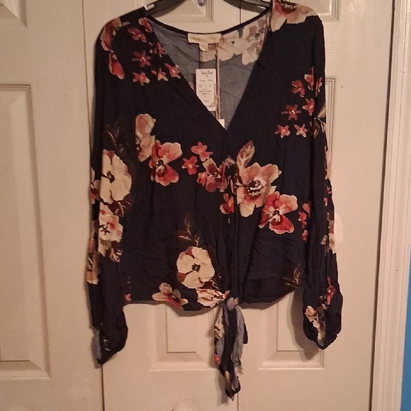 lovestitch Tops - lovestitch Navy Floral Tie-Front Blouse